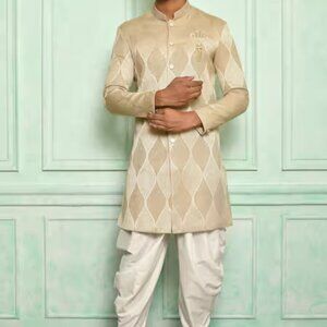Aza Fashions Gold Sherwani Jacquard Geometric Set